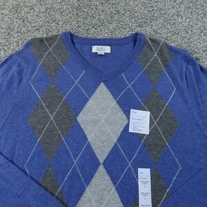 NEW Croft Barrow Sweater Mens L Blue Argyle V Neck Knit Pullover Grandpa‎ Casual